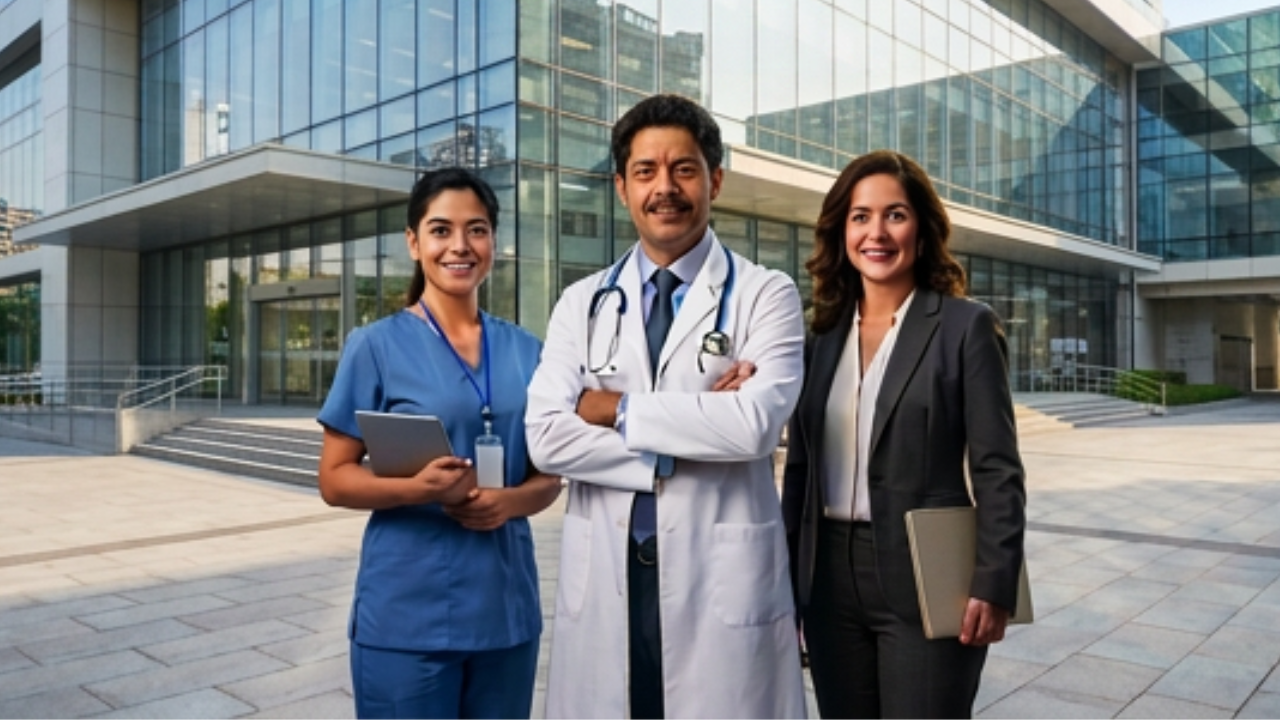 Médico, enfermera y ejecutiva de negocios frente a edificio corporativo moderno, representando a los profesionales de salud y administración que se capacitan en el Centro de Actualización Integral CAI